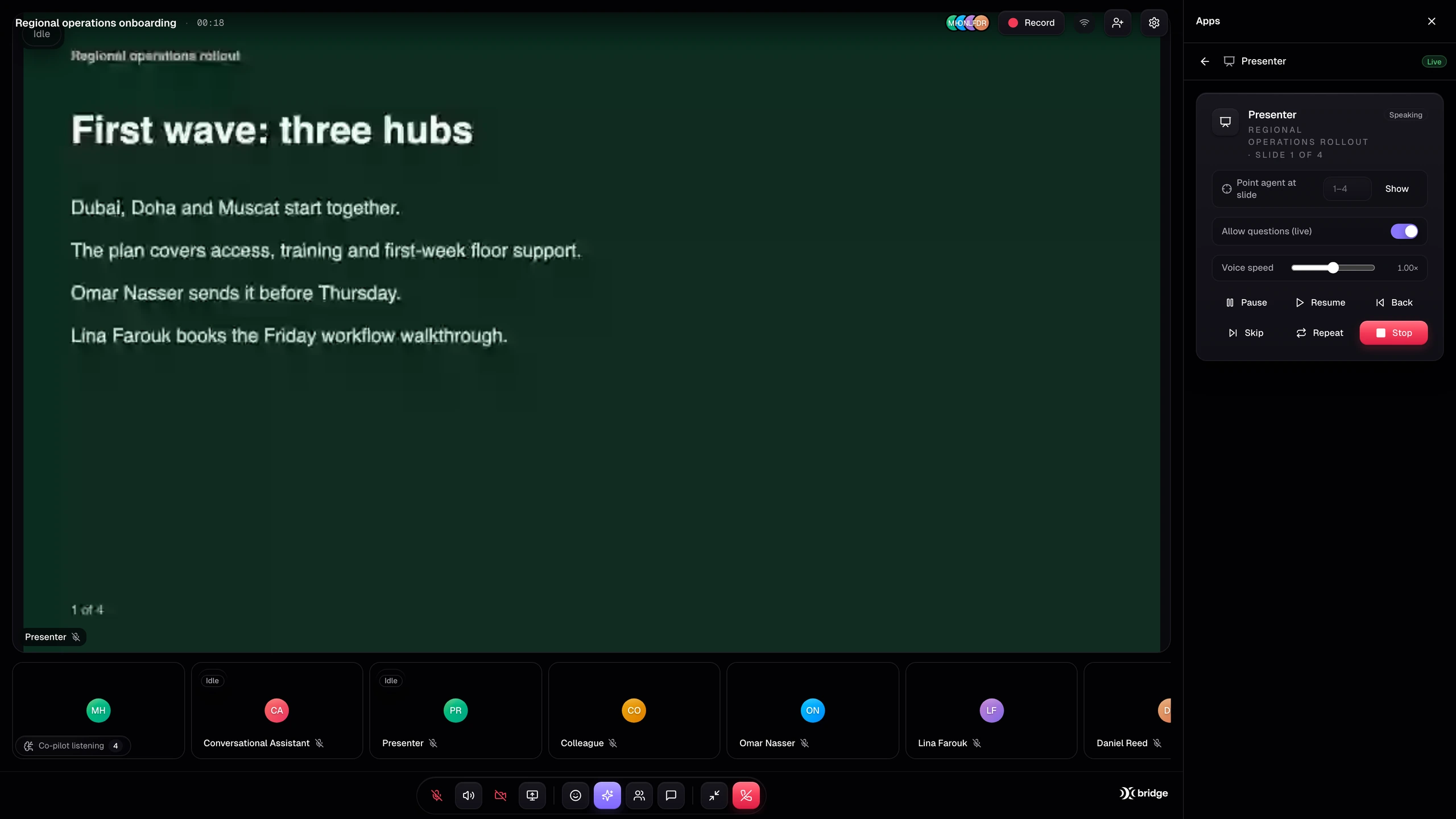 Schermata del prodotto Bridge AI Presenter con dati di esempio del workspace