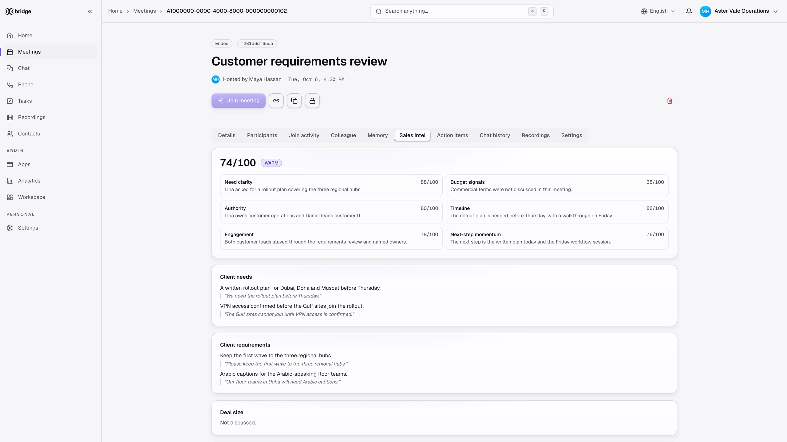 Bridge-Sales Intelligence-Produktbildschirm mit Beispieldaten eines Arbeitsbereichs